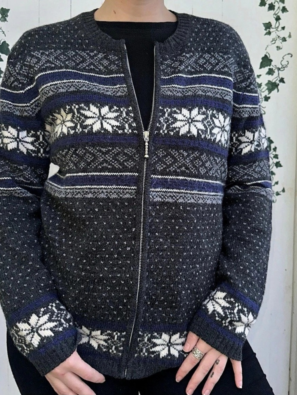 Winter Wool Blend Craft Barrow Fair Isle Nordic Knit Zip Sweater in Gray & Blue